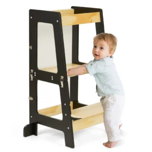 3-in-1 Toddler Learning Tower Step Stool & Mini Desk with Safety Rail and Black & Whiteboard for Kitchen Counter