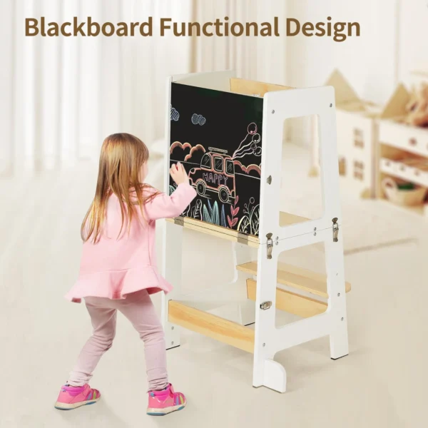 3-in-1 Toddler Learning Tower Step Stool & Mini Desk with Safety Rail and Black & Whiteboard for Kitchen Counter - Image 2