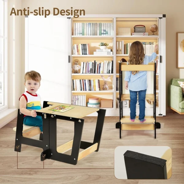 3-in-1 Toddler Learning Tower Step Stool & Mini Desk with Safety Rail and Black & Whiteboard for Kitchen Counter - Image 5
