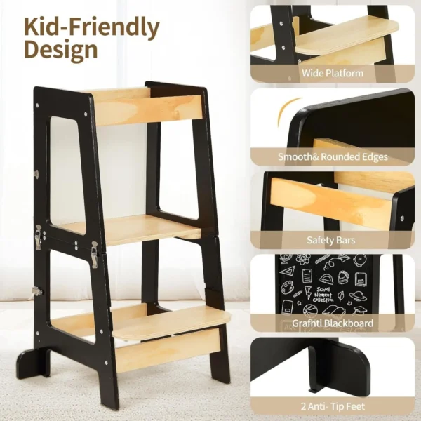 3-in-1 Toddler Learning Tower Step Stool & Mini Desk with Safety Rail and Black & Whiteboard for Kitchen Counter - Image 3